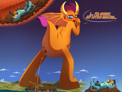 Size: 5000x3780 | Tagged: explicit, grotesque, artist:dinoalpaka, anus, breasts, city, destruction, disposal, dragon, dragoness, embarrassed, female, fetish, foalcon, full tour, g4, gallus, giantess, griffon, imported from derpibooru, larger female, macro, macro/micro, male, mega giant, nudity, poop, poop joke, pooping, post-vore, rectum, scat, scat bath, ship:smollus, shipping, size difference, sizeplay, smolder, story in the source, story included, straight, unaware, unaware vore, unrealistic size, urine, vore, vulva, watersports