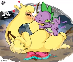 Size: 2000x1700 | Tagged: explicit, artist:aer0 zer0, spike, alpaca, community related, crossover, dragon, drool, eyes closed, female, foalcon, g4, heart, imported from derpibooru, interspecies, kiss on the lips, kissing, lipstick, male, nudity, onomatopoeia, paprika (tfh), penetration, penis, sex, shipping, signature, size difference, sound effects, straight, straight shota, that alpaca sure does love kisses, them's fightin' herds, vaginal, vulva, winged spike, wings