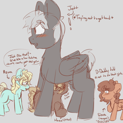 Size: 2000x2000 | Tagged: questionable, artist:ashersketch, oc, oc:azura, oc:hazel, oc:sienna, balls, dialogue, earth pony, father and child, father and daughter, female, filly, foal, foalcon, group, high res, imported from derpibooru, incest, male, nudity, oc only, pegasus, pony, quartet, sheath, siblings, simple background, sisters, sniffing, stallion, unnamed oc