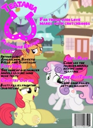 Size: 1080x1485 | Tagged: questionable, artist:dustin thomas hogan, apple bloom, scootaloo, sweetie belle, series:teatania, alternate cutie mark, big crotchboobs, breast milk, crotchboobs, cutie mark, cutie mark crusaders, earth pony, female, filly, foal, foalcon, g4, horn, huge crotchboobs, imported from derpibooru, impossibly large crotchboobs, lactation, nipples, nudity, oppai loli, pegasus, pony, source needed, unicorn