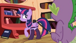 Size: 1920x1080 | Tagged: explicit, spike, twilight sparkle, anus, book, butt, clothes, dragon, dragon dick, edit, edited screencap, female, foalcon, g4, golden oaks library, horn, imported from derpibooru, legwear, male, mare, my little pony: friendship is magic, nudity, panties, panties around legs, penis, plot, pony, purple panties, purple underwear, reverse foalcon, riding crop, screencap, ship:twispike, shipping, show accurate, stockings, straight, the crystal empire, thigh highs, twibutt, underwear, unicorn, unicorn twilight, vulva