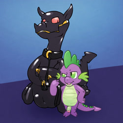 Size: 2400x2400 | Tagged: explicit, artist:argonvile, spike, bdsm, crotch bulge, dragon, eyes closed, fizzle, foalcon, g4, gay, gimp suit, high res, imported from derpibooru, leash, male, nudity, penis, shipping, small dom big sub, spizzle, zippermouth