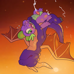 Size: 2400x2400 | Tagged: explicit, artist:argonvile, spike, crossover, crossover shipping, cum, cumming, dragon, flying, flying sex, foalcon, g4, gay, high res, imported from derpibooru, male, nudity, one eye closed, open mouth, penis, sex, ship:spikero, shipping, spyro the dragon, spyro the dragon (series), sunset, surprised, upside down