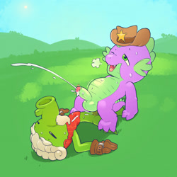 Size: 2400x2400 | Tagged: explicit, artist:argonvile, spike, anal, anal creampie, anal orgasm, cowboy hat, creampie, crossover, crossover shipping, cum, cum while penetrated, cumming, dragon, foalcon, foreskin, g4, gay, hands free, hat, high res, human penis, imported from derpibooru, law pea, male, nudity, open mouth, orgasm, orgasm cumshot, peashooter, penetration, penis, plant, plants vs zombies, sex, shipping, simultaneous orgasm, spread legs, spreading, sweat