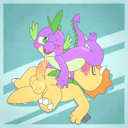 Size: 2300x2300 | Tagged: explicit, artist:argonvile, spike, 69 position, alternate version, amagi brilliant park, blowjob, blushing, crossover, crossover shipping, dinosaur, dragon, erection, foalcon, g4, gay, high res, imported from derpibooru, male, nudity, one eye closed, oral, penis, sex, shipping, smiling, triceratops, triken