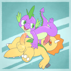 Size: 2300x2300 | Tagged: explicit, artist:argonvile, spike, 69 position, amagi brilliant park, balls, crossover, crossover shipping, dinosaur, dragon, erection, foalcon, g4, gay, high res, imported from derpibooru, male, nudity, oral, penis, sex, shipping, smiling, tongue out, triceratops, triken