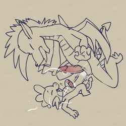 Size: 2300x2300 | Tagged: explicit, artist:argonvile, spike, cum, cumming, dildo, doubleheaded dildo, dragon, eyes closed, fizzle, foalcon, g4, gay, genital slit, genital slit insertion, high res, imported from derpibooru, male, nudity, open mouth, partial color, penis, sex, sex toy, shipping, spizzle