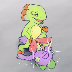 Size: 2300x2300 | Tagged: explicit, artist:argonvile, spike, chameleon, crossover, crossover shipping, cum, diphallic, dragon, eyes closed, foalcon, g4, gay, high res, imported from derpibooru, male, multidick, nudity, penis, sex, shipping, yooka, yooka-laylee