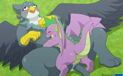 Size: 7200x4500 | Tagged: explicit, artist:winick-lim, spike, ahegao, ass, balls, beak, bedroom eyes, blushing, butt, commission, creampie, cuddling, cum, cute, dragon, drool, drool string, duo, duo male and female, eyes closed, female, foalcon, g4, gabby, gabbybetes, grass, grass field, griffon, hug, imported from derpibooru, interspecies, loving sex, lying down, lying on top of someone, male, missionary position, nudity, on back, open mouth, open smile, orgasm, outdoor sex, outdoors, penetration, sex, ship:spabby, shipping, size difference, smiling, spread legs, spread wings, spreading, straight, sweat, tail, tongue out, vaginal, vaginal creampie, winged spike, wings
