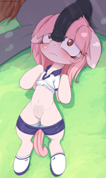 Size: 1200x2000 | Tagged: explicit, artist:an-m, oc, oc:setna, blind, blushing, censored, clothes, crotchboobs, earth pony, female, filly, floppy ears, foal, foalcon, frown, horsecock, imported from derpibooru, lying down, male, mosaic censor, nipples, nudity, oc only, offscreen character, on back, panties, panties pulled down, part of a set, penis, penis on face, pony, school uniform, stallion, teats, underwear, vulva