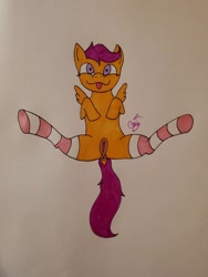 Size: 756x1008 | Tagged: explicit, artist:camerontehtranz, scootaloo, anatomically correct, anus, clothes, dock, female, filly, foal, foalcon, g4, heart, heart eyes, imported from derpibooru, lying down, nudity, on back, pegasus, ponut, pony, presenting, signature, smiling, socks, solo, solo female, spread legs, spread wings, spreading, striped socks, tail, tongue out, traditional art, vulva, wingding eyes, wings