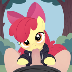 Size: 2560x2560 | Tagged: explicit, apple bloom, ai composition, ai content, balls, black shirt, blowjob, blushing, bush, clothes, cute, cute porn, drool, earth pony, female, filly, foal, foalcon, g4, grass, hoodie, human, human male, human male on filly, human on pony action, imported from derpibooru, interspecies, looking at you, male, male pov, nudity, offscreen character, offscreen male, oral, penis, pony, pov, prompter:credus, sex, straight, tree, vein, veiny cock