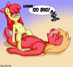 Size: 2700x2500 | Tagged: explicit, artist:anibaruthecat, apple bloom, alternate version, applecest, bedroom eyes, big macintosh, blushing, brother and sister, cowgirl position, duo, earth pony, female, filly, filly on stallion, foal, foalcon, g4, gradient background, high res, human vulva on pony, imported from derpibooru, incest, looking pleasured, male, nudity, penetration, pony, semi-anthro, sex, ship:macbloom, shipping, siblings, speech bubble, stallion, straight, tongue out, vaginal, vaginal secretions, vulva