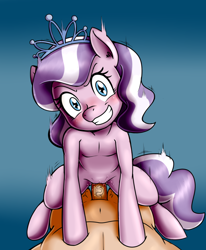 Size: 2458x2986 | Tagged: explicit, artist:anibaruthecat, diamond tiara, alternate version, cowgirl position, earth pony, female, female focus, femdom, filly, foal, foalcon, g4, gradient background, grin, high res, human pov, imported from derpibooru, looking at you, male, male pov, nudity, offscreen character, offscreen male, penetration, penis, pony, pov, semi-anthro, sex, smiling, solo focus, straight, vaginal, vulva