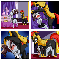 Size: 3500x3500 | Tagged: explicit, grimdark, artist:anibaruthecat, oc, oc:tack rag (tacky), age difference, alternate version, anus, bipedal, blowjob, blushing, butt, clothes, comic, creampie, cum, cum in mouth, duster, earth pony, female, filly, foal, foalcon, grin, high res, horsecock, imported from derpibooru, indoors, maid, male, nudity, oc only, old art, oral, oral creampie, penetration, penis, plot, pony, pony on pony action, rape, royal guard, sex, smiling, stallion, stallion on filly, straight, unicorn, vaginal, vaginal creampie, vulva