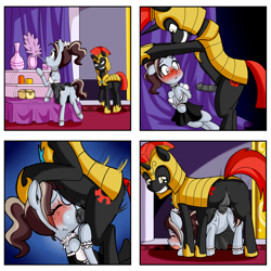 Size: 3500x3500 | Tagged: explicit, grimdark, artist:anibaruthecat, oc, oc:tack rag (tacky), age difference, anus, bipedal, blowjob, blushing, butt, clothes, comic, duster, earth pony, facefuck, female, filly, foal, foalcon, grin, high res, horsecock, imported from derpibooru, indoors, maid, male, nudity, oc only, old art, oral, penetration, penis, plot, pony, pony on pony action, rape, reasonably sized genitals, reasonably sized penis, royal guard, sex, smiling, stallion, stallion on filly, straight, unicorn, vaginal, vulva