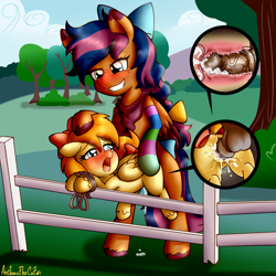 Size: 3000x3000 | Tagged: explicit, grimdark, artist:anibaruthecat, oc, oc:solar comet, age difference, alternate version, bipedal, bow, butt, cervical contact, cervix, clothes, crossdressing, cum, cum in uterus, cumming, duo, eyelashes, female, feminine stallion, fence, filly, foal, foalcon, from behind, grin, hair bow, hands free, high res, imported from derpibooru, internal, male, oc only, old art, orgasm, orgasm cumshot, pegasus, penetration, plot, pony, pony oc, pony on pony action, rape, sex, simultaneous orgasm, smiling, socks, squirting, stallion, stallion on filly, straight, striped socks, tail, tail bow, tied up, trap, uterus, vaginal, vaginal orgasm, vaginal secretions, x-ray