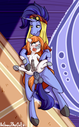 Size: 1236x2000 | Tagged: explicit, artist:anibaruthecat, oc, age difference, anal, bent spoon position, canon x oc, colt, earth pony, erection, foal, foalcon, g4, gay, holding on, hoo'far, horsecock, imported from derpibooru, lying down, male, nudity, oc name needed, old art, on back, penetration, penis, pony, precum, sex, spread legs, spreading, stallion, stallion on colt, unicorn