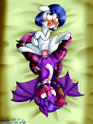 Size: 2341x3117 | Tagged: explicit, artist:anibaruthecat, oc, oc:sirius dreams, oc:violet rose ze vampony, ahegao, alternate version, bat pony, blood, clothes, defloration, dildo, doubleheaded dildo, earth pony, female, filly, foal, foalcon, high res, imported from derpibooru, insertion, legwear, lesbian, lying down, oc only, old art, on back, open mouth, orgasm, pony, scarf, sex toy, socks, stockings, striped socks, teary eyes, thigh highs, tongue out, vaginal insertion, vaginal secretions, virgin