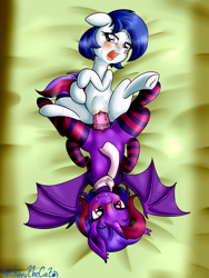 Size: 2341x3117 | Tagged: explicit, artist:anibaruthecat, oc, oc:sirius dreams, oc:violet rose ze vampony, bat pony, blood, clothes, defloration, dildo, doubleheaded dildo, earth pony, female, filly, foal, foalcon, high res, imported from derpibooru, insertion, lesbian, lying down, oc only, old art, on back, pony, scarf, sex toy, socks, striped socks, teary eyes, vaginal insertion, virgin