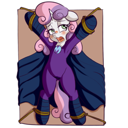 Size: 512x512 | Tagged: explicit, artist:anibaruthecat, sweetie belle, aroused, female, filly, foal, foalcon, g4, imported from derpibooru, mare do well, old art, open mouth, part of a set, pony, simple background, solo, solo female, spread eagle, sweetie do well, tied up, transparent background, unicorn, vaginal secretions