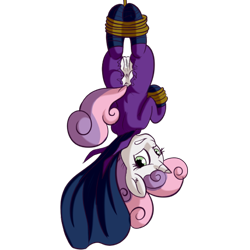 Size: 512x512 | Tagged: explicit, artist:anibaruthecat, sweetie belle, anus, bondage, clothes, female, filly, foal, foalcon, g4, imported from derpibooru, mare do well, nudity, old art, part of a set, pony, simple background, solo, solo female, sweetie do well, tied up, torn clothes, transparent background, unicorn, upside down, vulva, worried