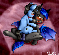 Size: 2057x1937 | Tagged: explicit, artist:anibaruthecat, oc, oc:tinker doo, age difference, alternate version, anal, bat pony, blushing, colt, cowgirl position, duo, foal, foalcon, foaldom, gay, glasses, imported from derpibooru, larger male, male, nudity, oc name needed, oc only, old art, penetration, penis, pony, pony on pony action, reverse missionary position, sex, size difference, smaller male, smiling, smirk, spread legs, spreading, stallion, stallion on colt, submissive, unicorn