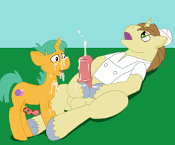Size: 920x767 | Tagged: explicit, artist:cobramcjingleballs, colt, cum, cumming, donut joe, erection, facial, foal, foalcon, g4, gay, horsecock, implied oral, imported from derpibooru, lying down, male, nudity, on back, penis, pony, snails, stallion, unicorn