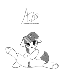 Size: 1492x1672 | Tagged: explicit, artist:andredrearts, twilight sparkle, anatomically correct, anus, face, female, filly, filly twilight sparkle, foal, foalcon, g4, horn, imported from derpibooru, looking at you, lying down, monochrome, nudity, on back, open mouth, ponut, pony, solo, solo female, spread legs, spreading, transformed, unicorn, vaginal secretions, vulva, younger