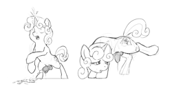 Size: 1574x849 | Tagged: explicit, artist:andredrearts, sweetie belle, cum, cumming, flared, foal, foalcon, futa, futa filly, futa sweetie belle, g4, horsecock, imported from derpibooru, intersex, monochrome, nudity, penis, pony, solo, solo futa, transformed, unicorn