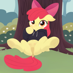Size: 2560x2560 | Tagged: explicit, apple bloom, ai composition, ai content, anus, belly button, blushing, bush, butt, clothes, crotchboobs, delicious flat crotch, dock, earth pony, female, filly, floppy ears, flower, foal, foalcon, frog (hoof), g4, hoodie, hoof on cheek, imported from derpibooru, looking at you, nipples, nudity, plot, ponut, pony, prompter needed, sitting, smiling, smiling at you, spread legs, spreading, tail, teats, tree, underhoof, vulva