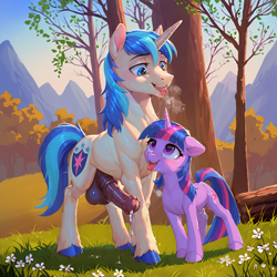 Size: 3000x3000 | Tagged: explicit, artist:venisoncreampie, shining armor, twilight sparkle, age difference, ai assisted, ai content, bbbff, big brother, big penis, brother and sister, cute, dripping, drool, duo, duo male and female, female, filly, filly twilight sparkle, foal, foalcon, forest, g4, generator:pony diffusion v6 xl, generator:stable diffusion, hooves, horsecock, imminent incest, imminent sex, imported from derpibooru, impossibly large penis, incest, infidelity, infidelity armor, leaning forward, little sister, looking at each other, looking at someone, male, mare, nature, nudity, penis, pony, precum, ship:shiningsparkle, shipping, sibling bonding, siblings, size difference, stallion, standing, straight, tongue out, tree, twicest, unicorn, unicorn twilight, younger
