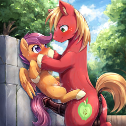 Size: 4096x4096 | Tagged: explicit, artist:venisoncreampie, scootaloo, against wall, age difference, ai assisted, ai content, big macintosh, bipedal, bipedal leaning, blushing, butt, dripping, duo, duo male and female, earth pony, female, filly, foal, foalcon, g4, generator:pony diffusion v6 xl, generator:stable diffusion, hoof over mouth, horsecock, human vulva on pony, imminent sex, imported from derpibooru, leaning, looking at each other, looking at someone, male, mare, motion lines, nature, nervous, nudity, pegasus, penis, pinned, plot, pony, precum, raised tail, sex, ship:scootamac, shipping, shy, size difference, smiling, smiling at each other, stallion, stallion on filly, stallion on mare, standing, standing sex, steam, straight, suspended congress, sweat, tail, trembling, vaginal secretions, vulva, younger