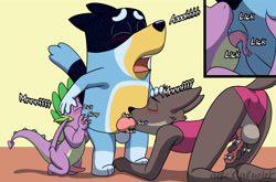 Size: 1280x845 | Tagged: explicit, artist:caluriri, spike, age difference, analingus, analingus on male, anthro, anthro on dragon action, anus, ass, australian cattle dog, balls, bandit heeler, blowjob, bluey, blushing, butt, canine penis, commission, dilf, dog, dragon, drool, erection, eyes closed, foalcon, g4, gay, group sex, imported from derpibooru, infidelity, interspecies, knot, licking, male, male on male analingus, masturbation, mr. wolf, nudity, open mouth, oral, penis, semi-anthro, sex, the bad guys, threesome, tongue out, winged spike, wings, wolf