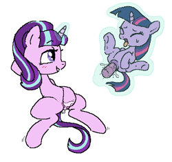 Size: 539x506 | Tagged: explicit, artist:myra, starlight glimmer, twilight sparkle, adult, age difference, arm behind head, bdsm, bedroom eyes, blushing, colored, dark genitals, dildo, dubious consent, duo, duo female, evil starlight, eyes closed, female, female orgasm, filly, filly twilight sparkle, floating, foal, foalcon, forced, forced masturbation, forced orgasm, g4, glowing, glowing horn, horn, implied time travel, imported from derpibooru, insertion, lesbian, levitation, magic, magic aura, mare, masturbation, my little pony: friendship is magic, nudity, orgasm, pony, relaxed, s5 starlight, sex toy, simple background, smiling, smirk, spread legs, spreading, sweat, sweatdrop, telekinesis, the cutie re-mark, tongue out, unicorn, unicorn twilight, vaginal insertion, vaginal orgasm, vaginal secretions, vulva, white background, younger