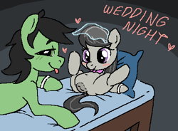 Size: 999x737 | Tagged: explicit, artist:myra, oc, oc:anon stallion, age difference, bed, blushing, bowtie, canon x oc, dark room, earth pony, female, filly, filly octavia, foal, foalcon, g4, imminent sex, imported from derpibooru, in bed, legs in air, looking at you, lying down, male, marriage, married, nudity, octavia melody, on back, on bed, pony, pony oc, pony on pony action, ring, smirk, spread legs, stallion, stallion on filly, straight, text, vulva, wedding night, wedding ring, wedding veil