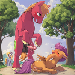 Size: 1024x1024 | Tagged: explicit, artist:venisoncreampie, scootaloo, after vaginal orgasm, afterglow, aftersex, age difference, ai assisted, ai content, big macintosh, blue sky, blushing, cameo, cloud, cloudy, covering mouth, creampie, cum, derpy hooves, duo, duo male and female, earth pony, exhibitionism, female, filly, foal, foalcon, from behind, g4, hooves, horsecock, imported from derpibooru, laughing, leaking cum, looking at each other, looking at someone, lying down, male, mare, motion lines, nature, nudity, orgasm, pegasus, penis, playful, pony, pony on pony action, road, ship:scootamac, shipping, simultaneous orgasm, size difference, smiling, smiling at each other, stallion, stallion on filly, standing, straight, vaginal creampie, vaginal secretions, voyeurism, vulva, younger