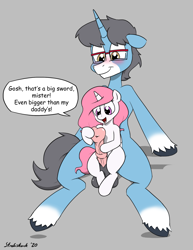 Size: 1535x1992 | Tagged: explicit, artist:strebiskunk, princess celestia, oc, oc:alas negras, alicorn, balls, blushing, canon x oc, cewestia, eyes on the prize, female, filly, filly on stallion, flared, foal, foalcon, g4, glasses, gray background, horsecock, implied incest, imported from derpibooru, lap sitting, male, nudity, penis, reacting to nudity, simple background, sitting on lap, speech bubble, stallion, time paradox, unicorn, unshorn fetlocks, younger