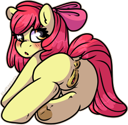 Size: 1677x1642 | Tagged: explicit, artist:gluttonace, apple bloom, anatomically correct, anus, bloom butt, blushing, butt, earth pony, female, filly, foal, foalcon, g4, imported from derpibooru, looking at you, looking back, looking back at you, nudity, plot, pony, rear view, simple background, solo, solo female, transparent background, underhoof, vulva