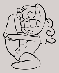 Size: 540x666 | Tagged: explicit, artist:afkregen, clitoris, clothes, dressing, female, filly, foal, foalcon, imported from derpibooru, monochrome, nudity, open mouth, pony, semi-anthro, socks, solo, solo female, vulva, wavy mouth