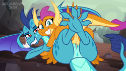 Size: 1280x720 | Tagged: explicit, artist:metalhead97, anus, ass, bedroom eyes, butt, clitoris, dragon, dragon lands, dragoness, female, foalcon, g4, grin, holding, imported from derpibooru, lesbian, lidded eyes, looking at you, missionary position, nervous, nervous smile, nervous sweat, nudity, presenting, presenting anus, presenting butt, presenting pussy, princess ember, princess embutt, raised tail, rubbing, sex, ship:smember, shipping, show accurate, show accurate porn, showing off, smiling, smolder, smolderriere, spread wings, spreading, sweat, sweatdrops, tail, tribadism, vulva, wings, year of the dragon
