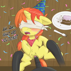 Size: 1722x1719 | Tagged: explicit, artist:admirala55hole, oc, oc:ratio daze, birthday, blindfold, blushing, clitoris, crotchboobs, dubious consent, female, foalcon, hat, imported from derpibooru, male, neckerchief, nipples, nudity, oc only, on table, party hat, penetration, penis, ponytail, sex, straight, teats, unicorn, vaginal, vulva