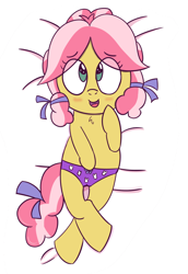 Size: 600x870 | Tagged: questionable, artist:wanda, bed, cameltoe, clothes, earth pony, female, filly, foal, foalcon, g4, imported from derpibooru, kettle corn, on bed, panties, pony, solo, solo female, underwear