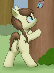 Size: 3000x4000 | Tagged: explicit, artist:dumbwoofer, anus, bipedal, braid, braided tail, bush, butt, butterfly, casual nudity, clitoris, dark genitals, dock, earth pony, female, filly, foal, foalcon, forest, g4, happy, heidi hay, imported from derpibooru, nature, nudity, plot, pony, raised tail, smiling, solo, solo female, tail, tree, vulva