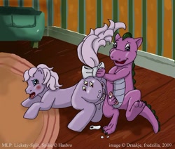 Size: 738x625 | Tagged: explicit, artist:draakje, 2009, aftersex, anus, baby lickety-split, blushing, bow, butt, creampie, cum, cum pool, dragon, dragon on pony action, duo, duo male and female, earth pony, erection, excessive cum, female, filly, foal, foalcon, g1, hand on penis, imported from derpibooru, indoors, interspecies, looking back, male, my little pony: the movie (g1), nudity, open mouth, open smile, penis, plot, pony, rug, scene interpretation, shipping, signature, smiling, spike (g1), standing, standing on one leg, straight, tail, tail bow, tongue out, vaginal creampie, vulva