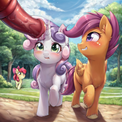 Size: 2048x2048 | Tagged: explicit, artist:venisoncreampie, apple bloom, scootaloo, sweetie belle, ai assisted, ai content, blushing, cutie mark crusaders, earth pony, female, filly, foal, foalcon, g4, generator:pony diffusion v6 xl, generator:stable diffusion, horsecock, implied big macintosh, imported from derpibooru, male, nudity, outdoors, pegasus, penis, pony, prompt in description, straight, unicorn