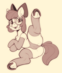 Size: 979x1151 | Tagged: questionable, artist:isz350, apple bloom, apple bloom's bow, arm warmers, band-aid, bow, braces, butt, cameltoe, clothes, dock, ear piercing, earth pony, evening gloves, female, filly, foal, foalcon, frog (hoof), g4, gap teeth, glasses, gloves, grin, hair bow, hoofless socks, imported from derpibooru, legwear, long gloves, looking at you, monochrome, older, older apple bloom, panties, piercing, plot, pony, simple background, smiling, smiling at you, socks, solo, solo female, spread legs, spreading, stockings, tail, teenage apple bloom, teenager, thigh highs, tooth gap, underhoof, underwear