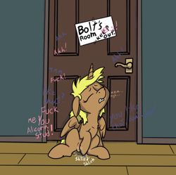 Size: 736x732 | Tagged: explicit, artist:thebathwaterhero, oc, oc:storm cloud, alicorn, alicorn oc, eavesdropping, female, filly, foal, foalcon, horn, imported from derpibooru, masturbation, nudity, pony, solo, solo female, vaginal secretions, vulva, wings
