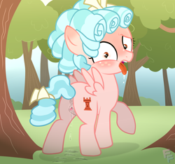 Size: 3000x2804 | Tagged: explicit, artist:ponykittenboi, anatomically correct, anus, butt, clitoris, commission, cozy glow, crazy eyes, dripping, drool, estrus, female, filly, foal, foalcon, forest, g4, heart, heart eyes, heat, imported from derpibooru, looking at you, looking back, looking back at you, nature, nudity, open mouth, pegasus, plot, pony, puddle, show accurate, show accurate porn, solo, solo female, tongue out, tree, vaginal secretions, vaginal secretions puddle, vulva, vulvar winking, wet, wingding eyes