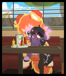 Size: 1500x1720 | Tagged: explicit, artist:sherathoz, oc, oc:evanti, oc:rivibaes, age difference, alternate version, balls, blushing, clitoris, commission, exhibitionism, father and child, father and daughter, female, filly, floating heart, foal, foalcon, heart, hybrid, imported from derpibooru, incest, looking up, male, nudity, oc only, oc x oc, penetration, pony, ponyville, public sex, sex, shipping, sitting, size difference, stallion, stallion on filly, straight, vaginal, vaginal secretions, vulva
